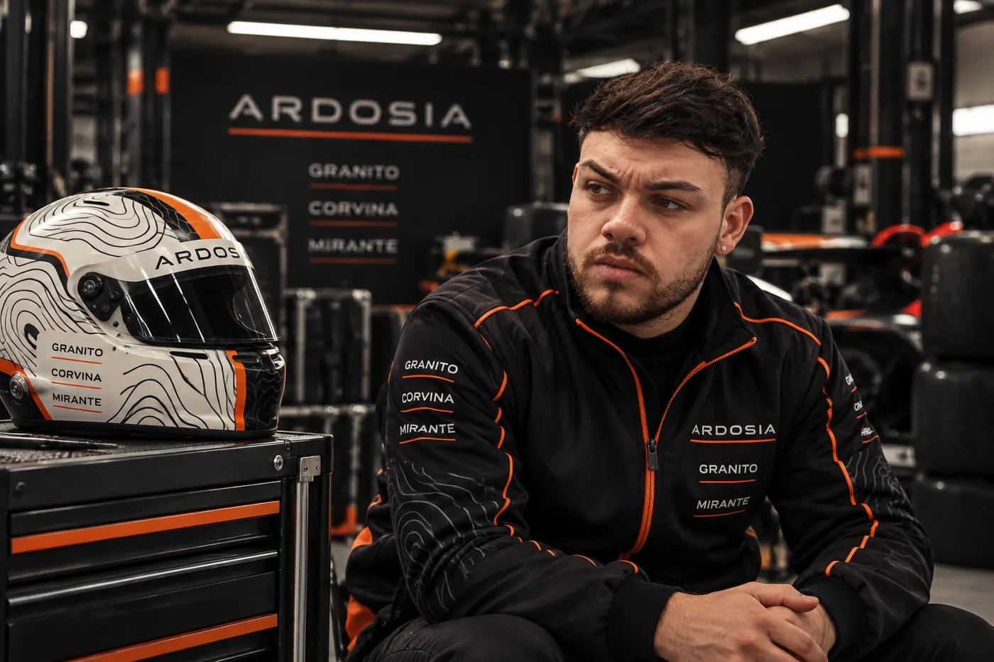 Piloto na garagem ao lado do capacete